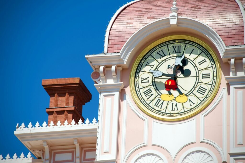 Mickey Mouse clock tower for the isneyland Resort Park hours